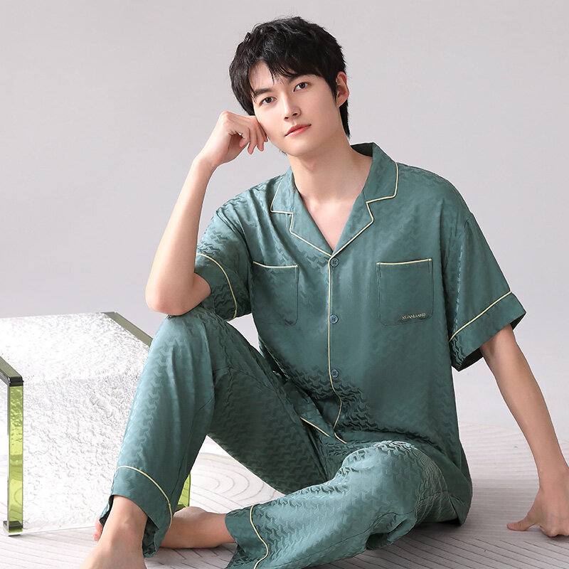 Summer Men's Silk Satin Pajamas Short Sleeve Tops Long Pants Sleepwear Pajama Sets Casual Cardigan Sleep&Lounge Pyjamas Male