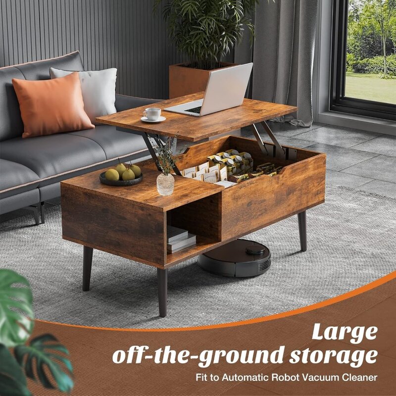 Sweetcrispy Coffee Table Brown, Living Room Lift Coffee Table with Storage Racks and Invisible Dining Table