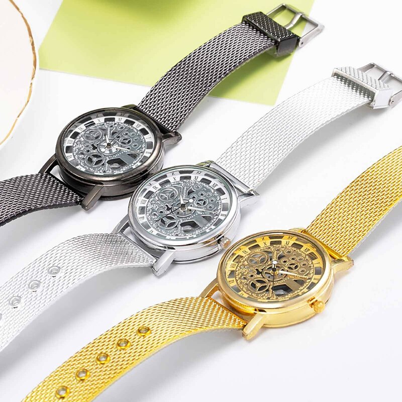Luxry-Reloj de pulsera con grabado hueco para hombre, cronógrafo de cuarzo, con correa de cuero, a la moda, para negocios