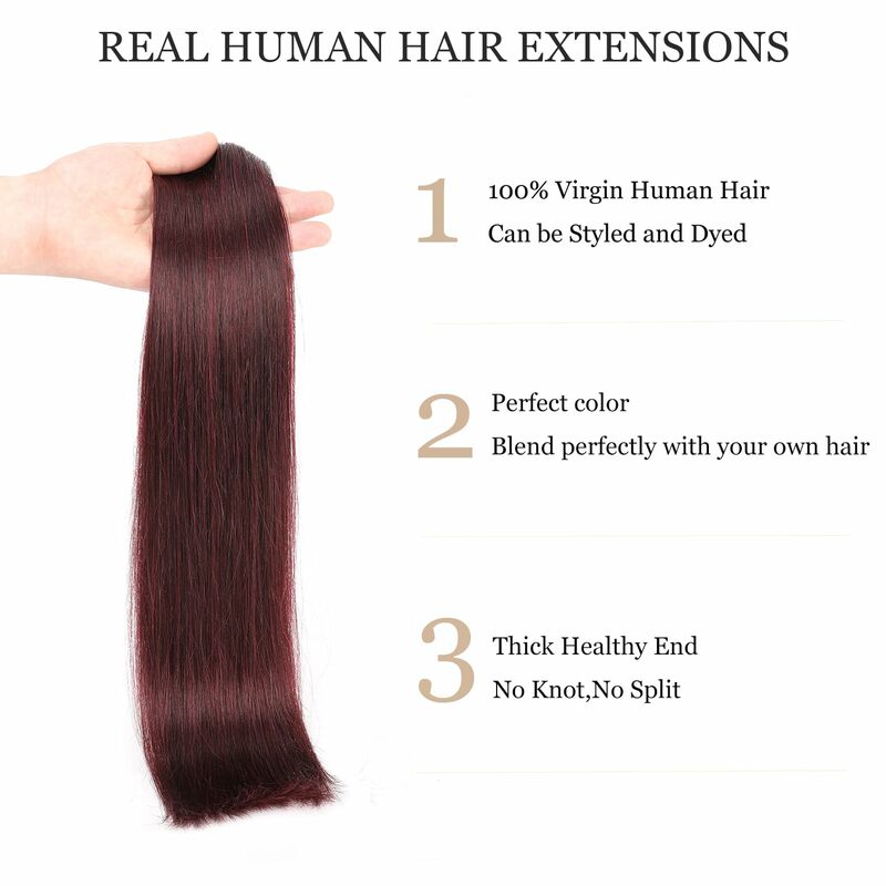 Extensión de cabello humano liso para mujer, Clip de trama doble sin costuras, Borgoña 99J #8 piezas