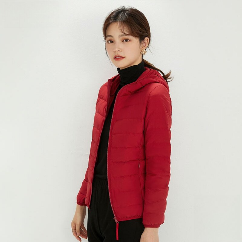 여성용 초경량 후드 다운 코트, 2023 가을 겨울 90% 화이트 덕 다운 재킷, 방풍 따뜻한 휴대용 퍼퍼 재킷