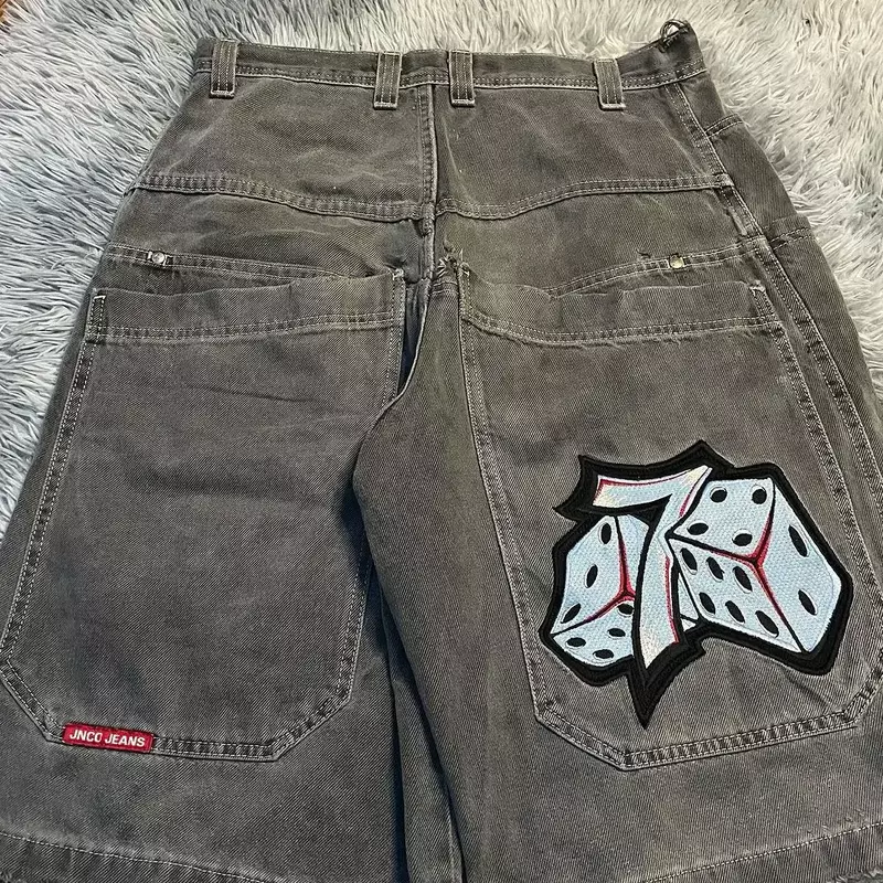 Винтажные джинсовые шорты JNCO Number 7 с графической вышивкой в стиле хип-хоп, мужские и женские Мешковатые Черные джинсовые шорты Y2K, готические брюки до колена
