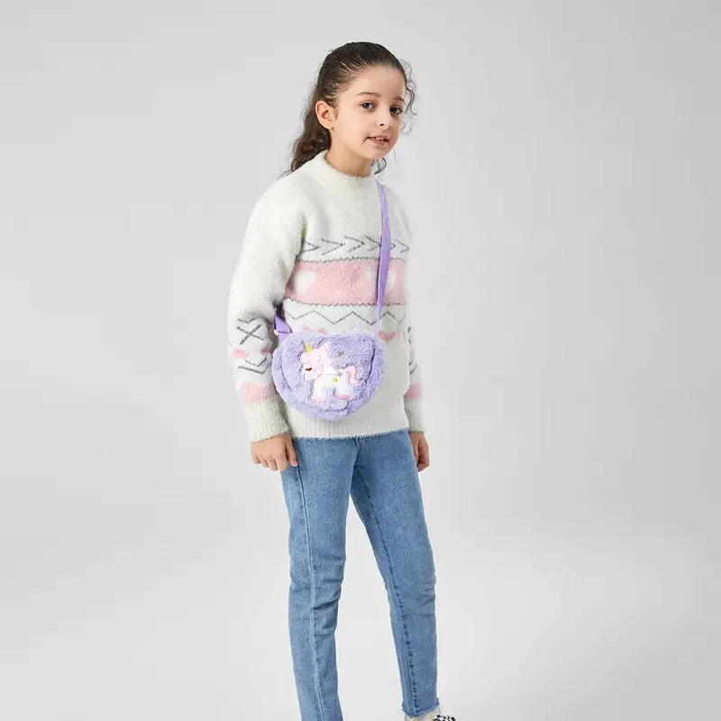 Children Cartoon Unicorn Plush Crossbody Bags Fashion Winter Handbags Princess Shoulder Purse Kids Cute Heart Shape Colour Bag