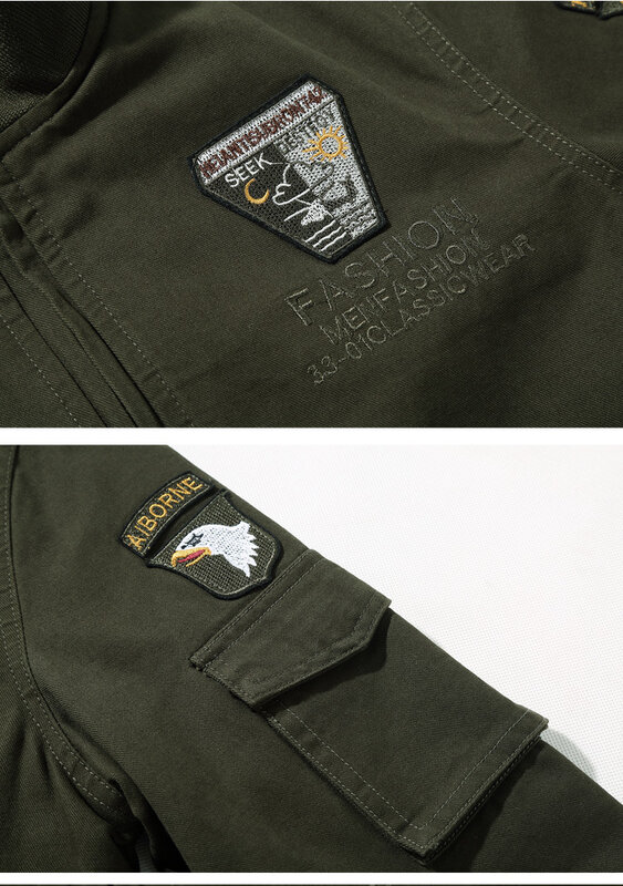 Bombardeiro Stand Collar Jackets Bordados Moda Imprimir Zipper Solto Jaqueta Masculino Militar Exército Verde Outono Inverno Casaco Sólido