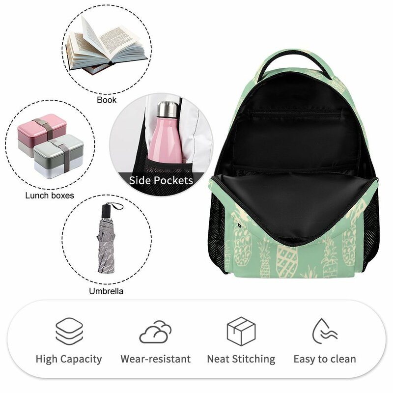 Abacaxi verde Print Schoolbag Mochila para Meninas School Bag para Criança Viagem Mochila Multiuso Ombros Bag