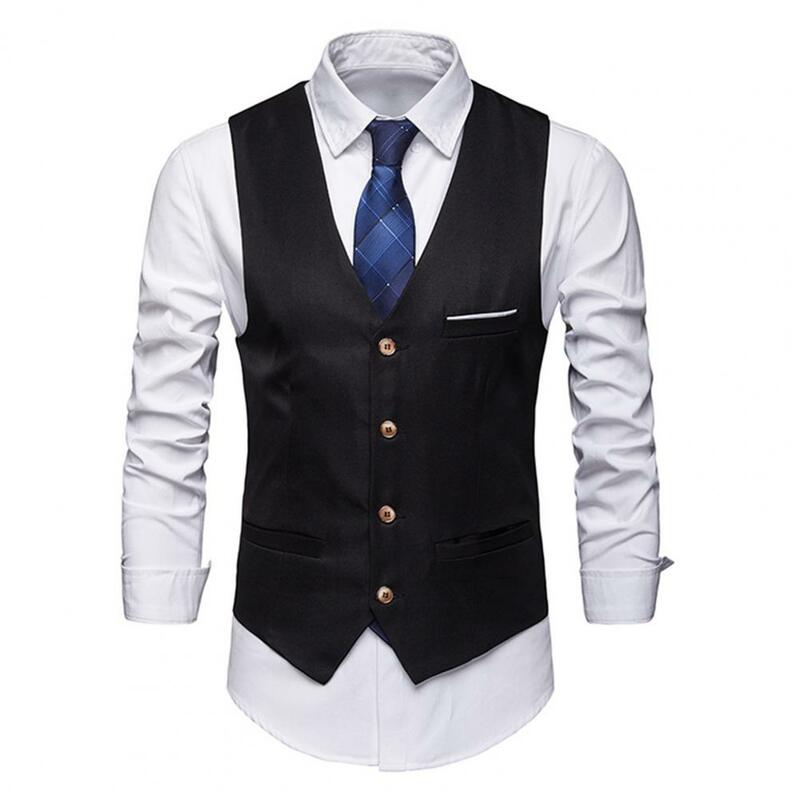 Cardigan en tissu soyeux à simple boutonnage pour hommes, gilet de mariage pour marié, col en fibre V, coupe couvertes, poches, formel, affaires