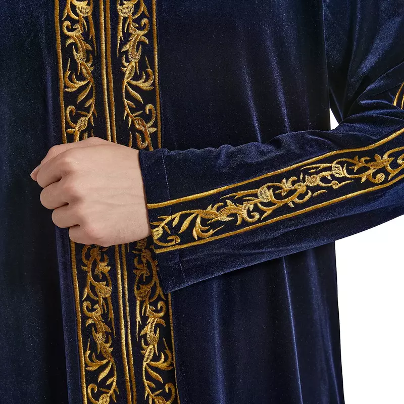Muslim kerah berdiri bordir Ramadan Thobe dengan lengan panjang jubah Islam Kaftan gamis Dubai panjang pergelangan kaki Abaya