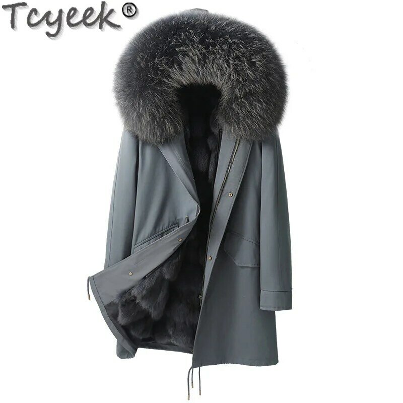 Tcyeek modne kurtki odzież męska ciepła, odpinana kurtka z futrzana wyściółka lisa, zimowa płaszcz z prawdziwego futra koreańska kołnierz z futra lisa 2023