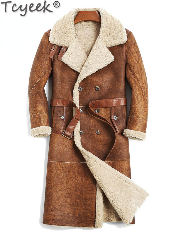 Tcyeek-jaqueta de pele de carneiro natural masculina, casaco de pele real espessado, casacos longos de inverno, casacos de pele quentes, roupas finas com cinto, moda