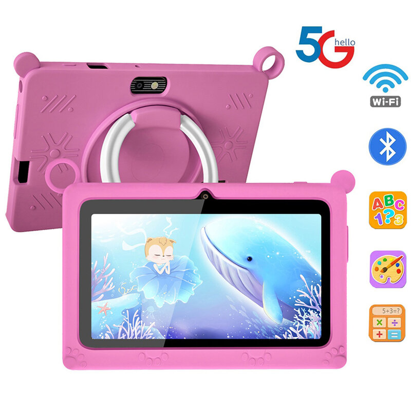 Tablet anak-anak 7 inci, Tablet pendidikan pembelajaran Android Quad Core 4GB RAM 64GB ROM 5G WiFi kamera ganda hadiah anak-anak