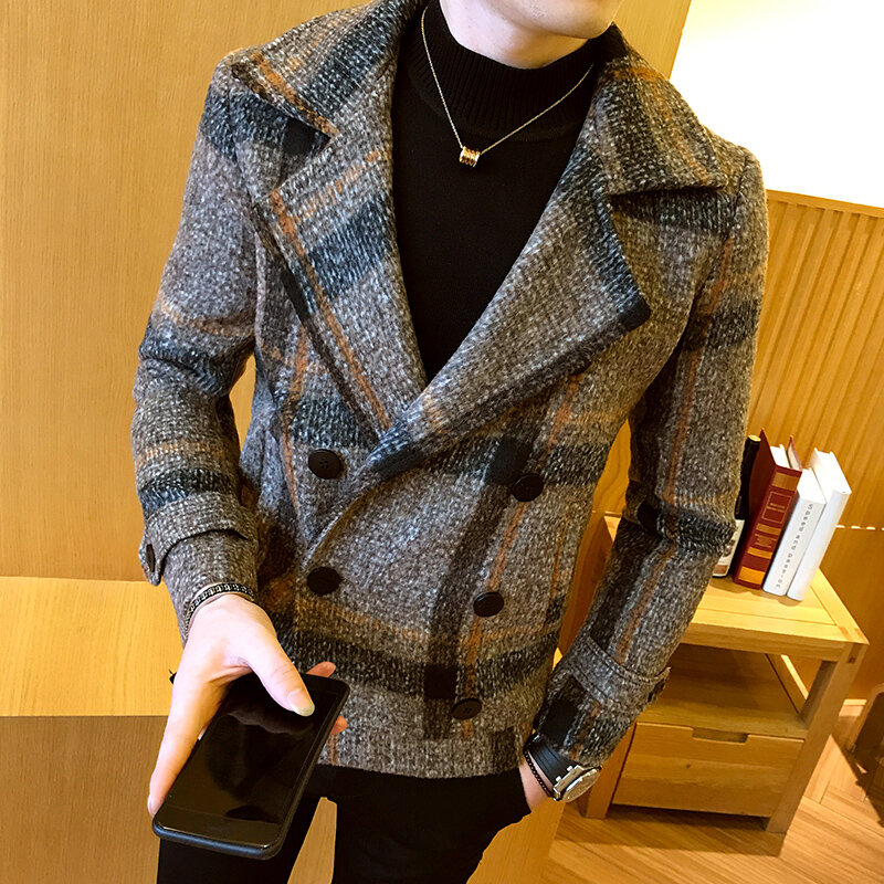 Casaco de lã curto masculino para outono/inverno de alta qualidade moda masculina duplo breasted xadrez negócios casual grosso quente jaqueta