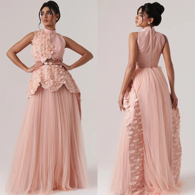 Rosa Blume eine Linie Abendkleider High Neck Falten Tüll Ballkleid maßge schneiderte Saudi-Arabien formelle Abendkleider