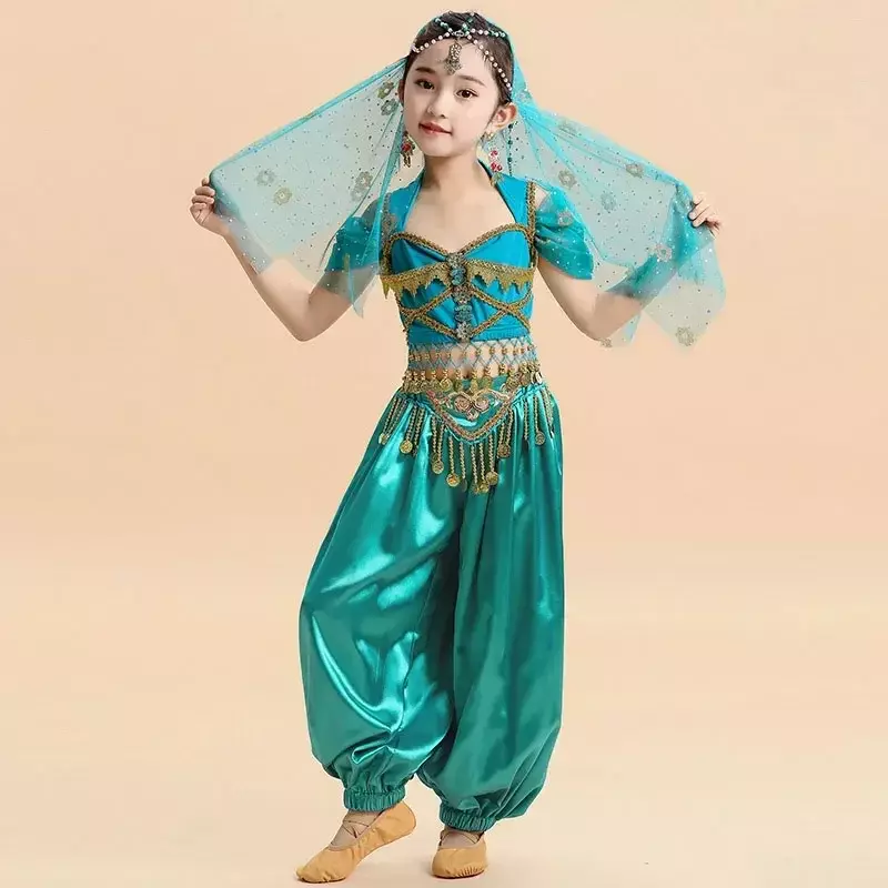 Kids India Princess Belly Dance Set Oriental Indian Dance Sari Girl Performance Costume Bollywood Children Stage Outfit