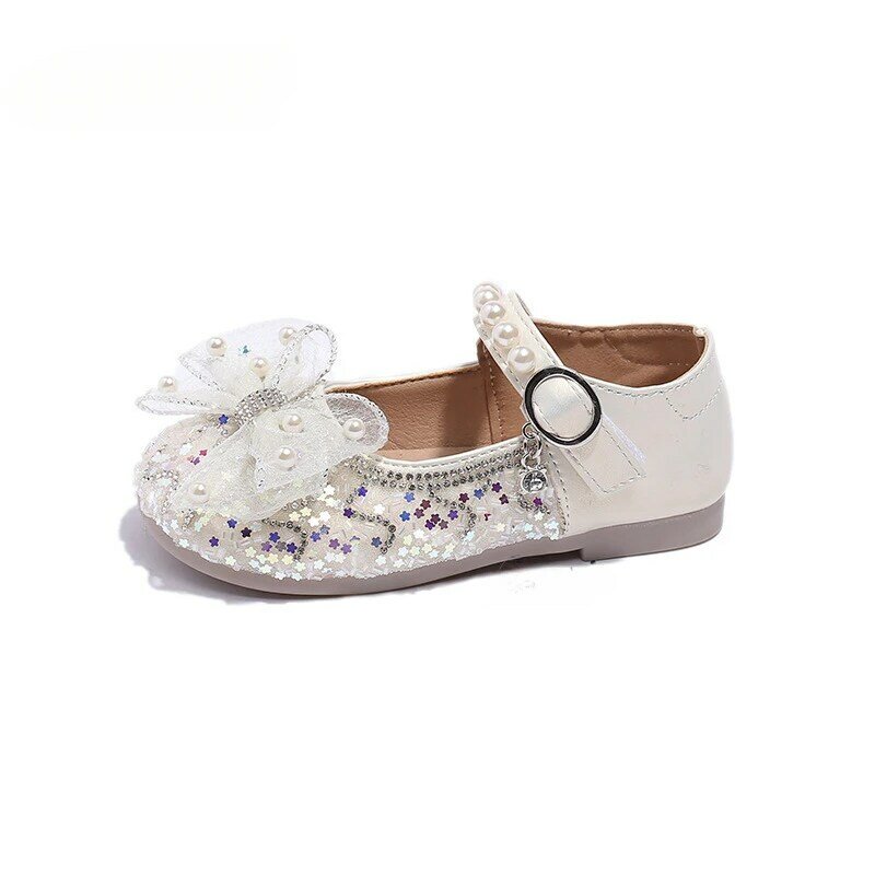 Girl PU Leather Shoes Spring  Autumn New Bow Rhinestone Princess Flats Baby Soft Sole Shiny Dance Footwear
