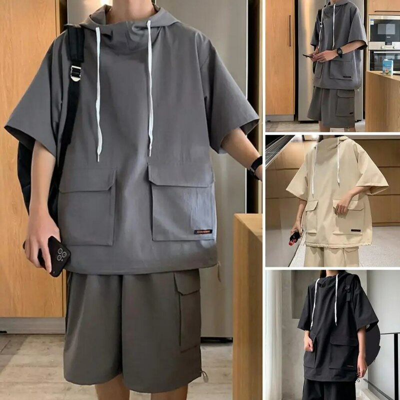 T-shirt Shorts Set Hooded T-shirt Drawstring Shorts Set for Unisex Loose Fit Solid Color Outfit with Elastic Waistband Short