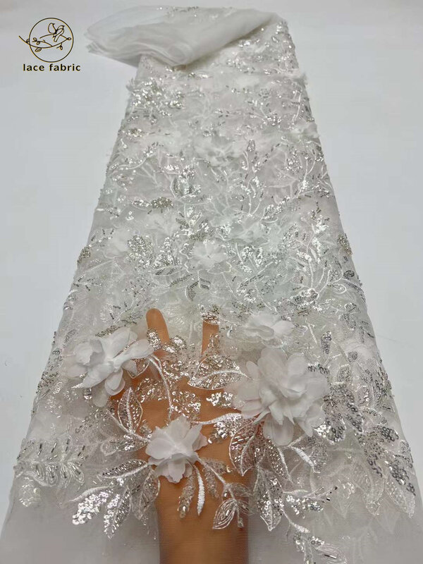 Tecido africano de renda com flores 3D Tecido de lantejoulas francesas Costura nigeriana Bordado Tule Tecido de renda do noivo para vestido de casamento