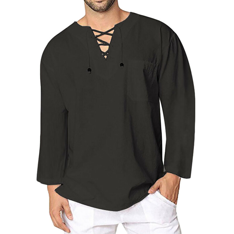 Мусульманские мужские льняные пляжные футболки, Женская хлопковая туника с V-образным вырезом и длинным рукавом, большой и высокий стиль 2024