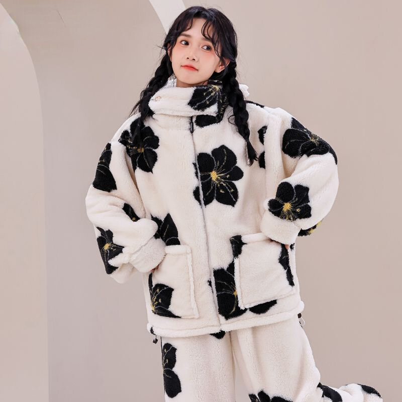 Set pakaian tidur hangat untuk wanita, Set piyama gaya Korea ukuran besar bertudung bersaku ritsleting tebal musim gugur dan dingin