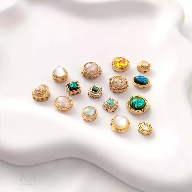 Imitação Opal Bead Transferência Beads, Banhado a Cobre, Ouro Fosco, Incrustado, Retro, Handmade, DIY, Acessórios de Jóias