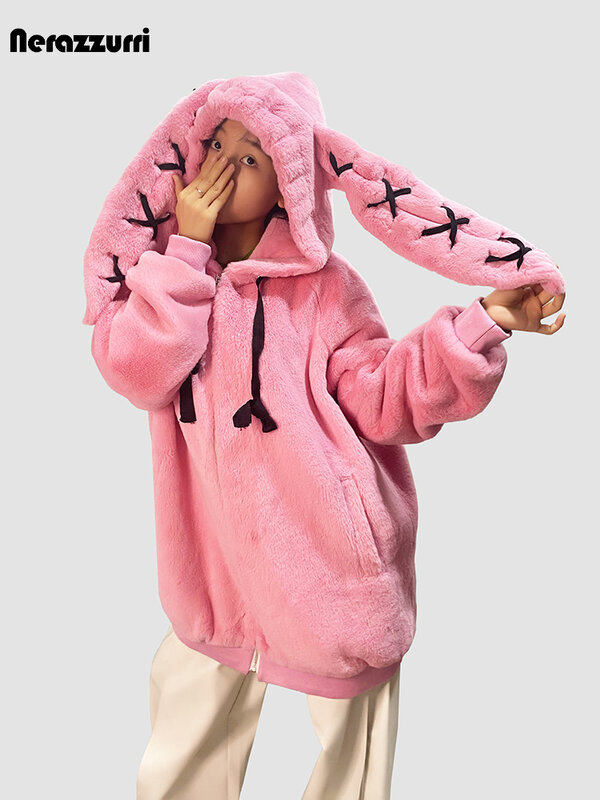 Sweet Pink Furry Jacket Women's 2023 Winter New Cute Rabbit Ears Japanese Style Harajuku Thick Warm Fur Coat Casacos Feminino
