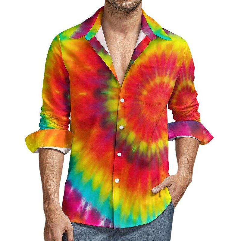 Camisas informales con estampado de arcoíris para hombre, camisa colorida con teñido anudado, blusas de gran tamaño Harajuku, ropa de manga larga, Idea de regalo, novedad de primavera