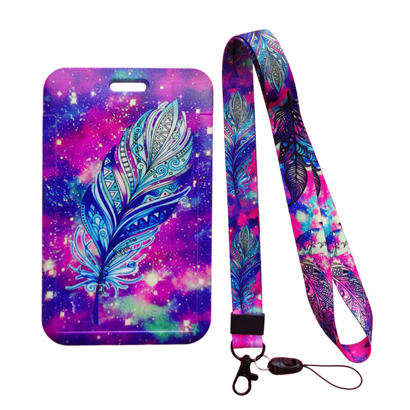 Feather Pattern Work Card Holders With Lanyard Bank Card Name Card Holders Card Bus ID Holders Identity Badge With Neck Strap