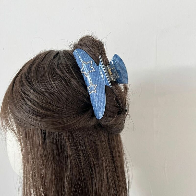 Pentagram jepit rambut bintang asetat kreatif asam asetat Y2k berlian buatan klip rambut hiasan kepala Denim biru klip hiu anak perempuan