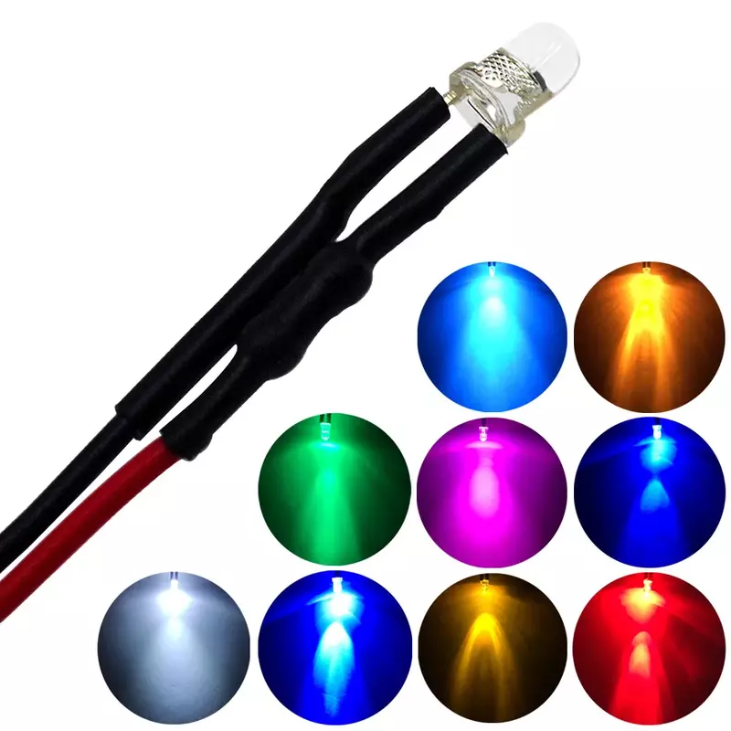 5X Min F3 3mm 20cm Pre Wired LED Round Light Lamp Bulb Chip Beads Cable DC 12V White Warm Red Green Blue Yellow Emitting Diodes