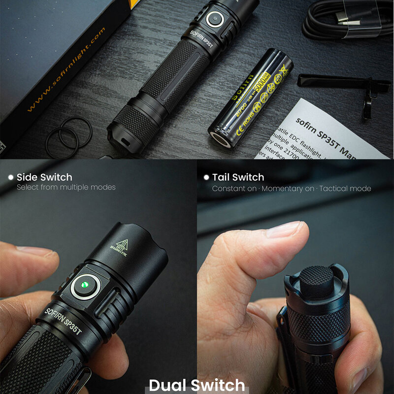 Sofirn-USB C tocha recarregável com interruptor duplo indicador de alimentação, lanterna tática, poderosa luz LED, 3800lm, SP35T, 21700, ATR