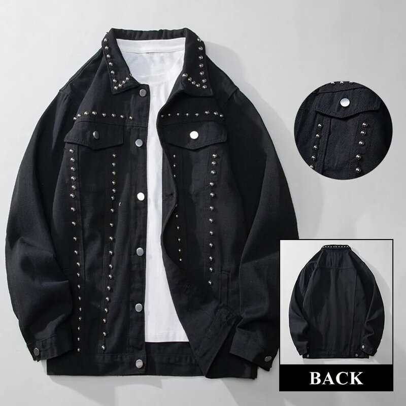 Jaqueta jeans punk preta com rebite, streetwear solto, casacos góticos, jeans de algodão, Y2K, primavera e outono