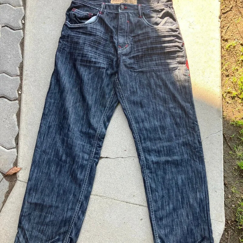 Homens com padrão cruzado americano bordado, calça jeans larga larga, estilo Y2K Street Vintage, Harajuku, gótico de cintura alta, casual, novo