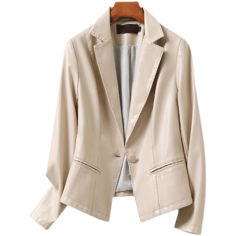 Jaket kulit asli wanita, jaket kulit asli wanita, jaket kantor ramping, jaket kulit saku, warna Solid, 2023, kerah Turn-down