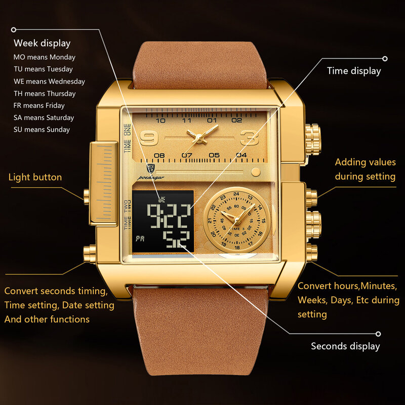 POEDAGAR-Relógio de quartzo retangular de luxo masculino, impermeável, luminoso, dia semana, digital, relógios multifunções, relógio de pulso masculino