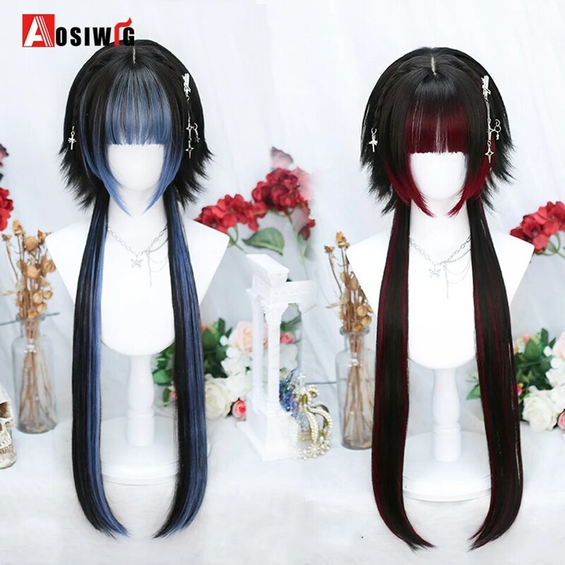 Aosiwig-peruca sintética longa reta lolita com franja, preto e azul, cosplay diário, cabelo de festa, harajuku, y2k