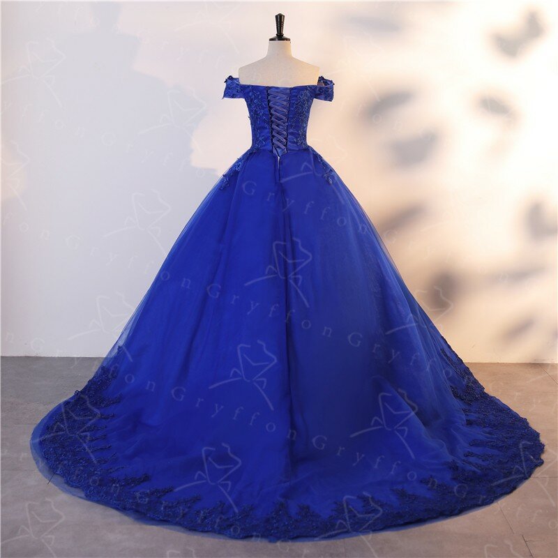 Jesień nowy Vestidos niebieski sukienka na Quinceanera z Trian elegancki Off The Shoulder suknia luksusowa sukienka Plus rozmiar suknia wieczorowa