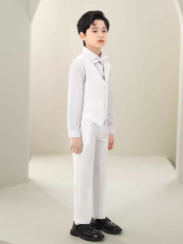 Pure White Baptism Photography Suit para crianças, meninos jaqueta, colete, calças, gravata borboleta, traje de cerimônia 4P, aniversário infantil, vestido de casamento
