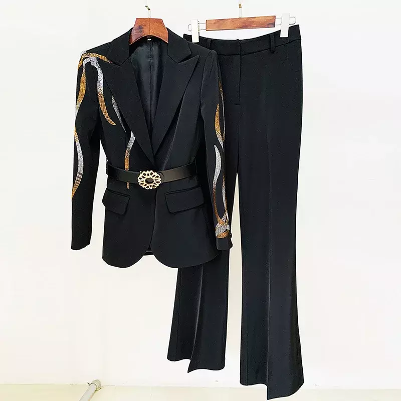 Роскошный черный женский костюм с поясом, комплект из двух предметов, куртка с кристаллами + брюки, Женская Весенняя офисная одежда для работы, пальто, платье для выпускного вечера