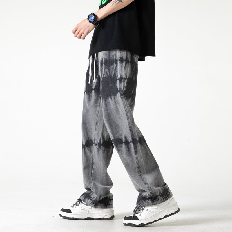 Pantalones vaqueros desgastados informales Tie-Dye para hombre, ropa de calle de pierna ancha recta, Hip Hop, cintura elástica, M-5xl de gran tamaño