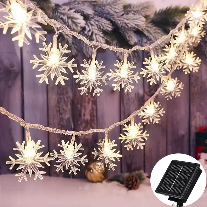 Lampu dekorasi taman rumah pohon Natal, lampu dekorasi rumah pohon Natal Tahun Baru luar ruangan, lampu karangan bunga, lampu LED senar kepingan salju tenaga surya 12m