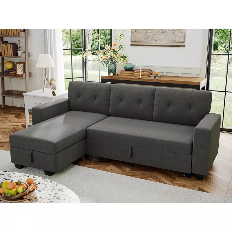 Sofa może być odwrócona i przerobiona, rozkładana sofa z łańcuchem do przechowywania, meble lniane do salonu, ciemnoszary