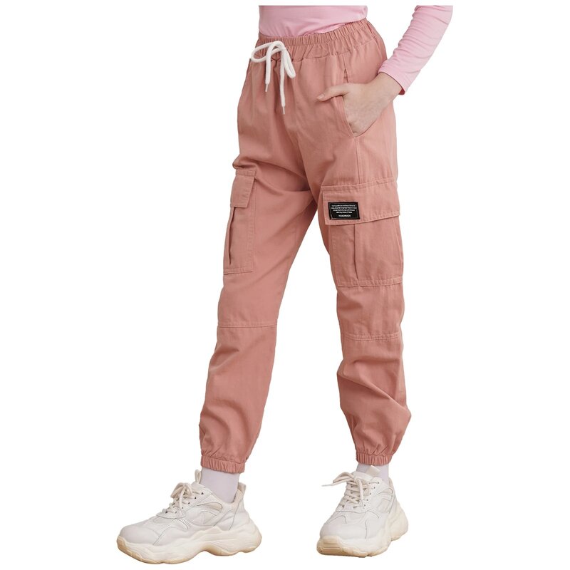 Kids Girls Cotton Autumn Fashion Casual Pure Color Elastic Waistband Drawstring 4 Pockets Front Pants Trousers Cargo Pants