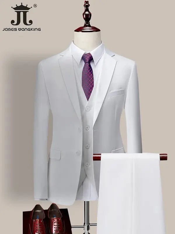 M-6XL 14สี (แจ็คเก็ต + เสื้อกั๊ก + กางเกง) ชุดผู้ชายธุรกิจทางการของเจ้าบ่าวสามชิ้นชุดแต่งงานสีทึบ