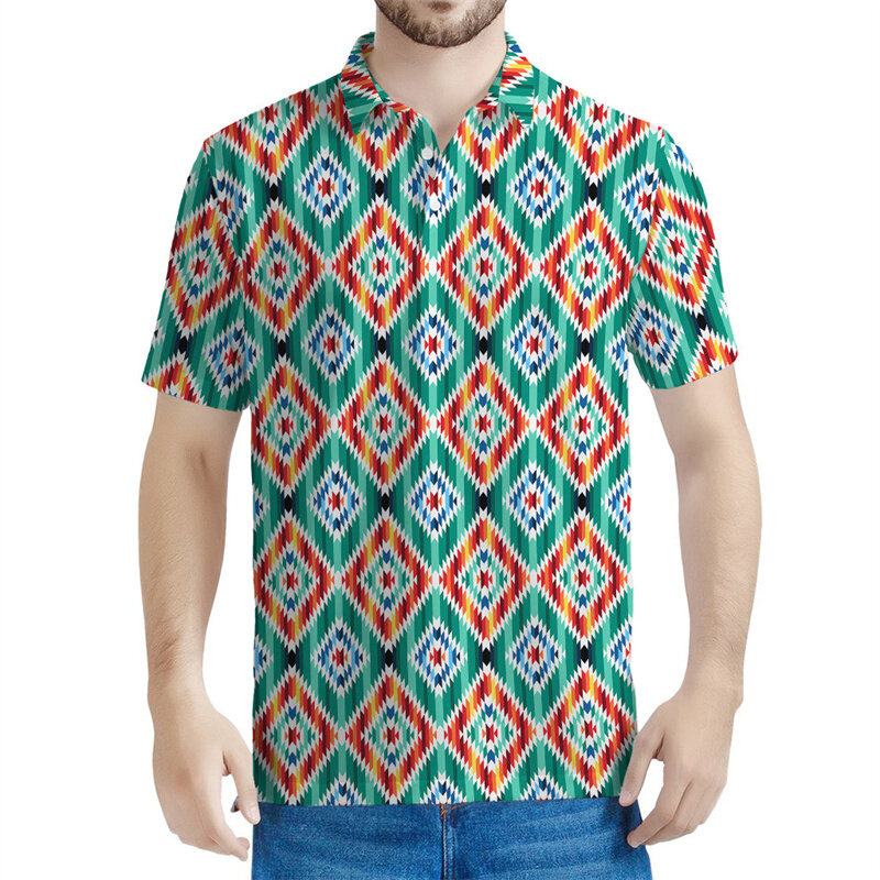 Polo con patrón de Navajo Vintage para hombre, camiseta geométrica con estampado 3D, ropa de calle, Tops de manga corta de gran tamaño, camisetas con solapa