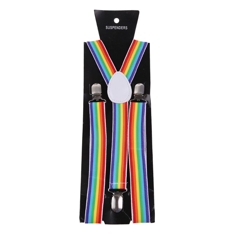 652F Unisex Wide Adjustable Y-Back Suspenders Rainbow Colorful Striped Belt with Clip