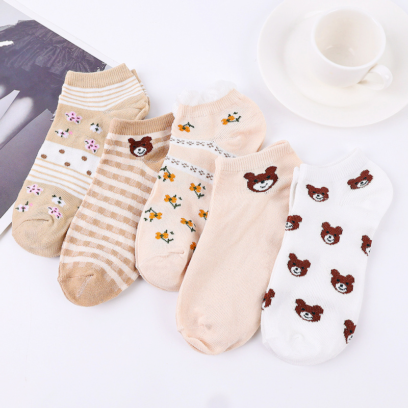 Chaussettes d'été en Polyester pour femmes, 5 paires, mignon dessin animé Harajuku chat, pantoufles de couleur japonaise Kawaii bateau
