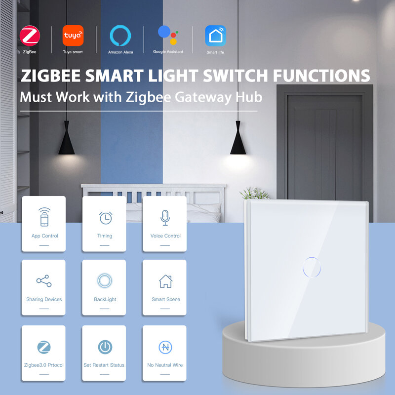 BSEED Zigbee Touch przełączniki 1/2/3Gang 1Way inteligentny włącznik światła czujnik przełączniki ścienne kontrola Tuya inteligentne życie APP Google Alexa