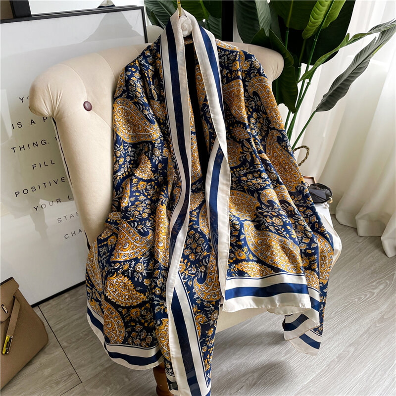 Foulard en Satin de soie pour femmes, grand châle, imprimé, Pashmina, cravate, Hijab, 180x90cm, à la mode, printemps