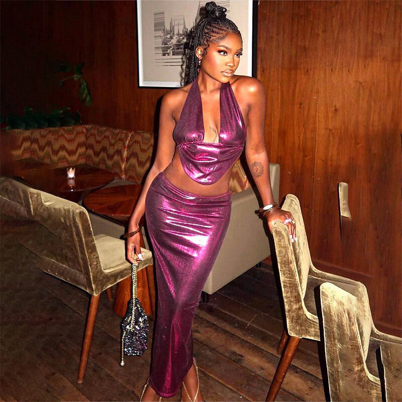 Shiny Sexy Women Prom Dress 2 Pieces Top Bra+Short Mini Evening Party Gown Hot Girl Lace Up Back Street Wear Daily Robes