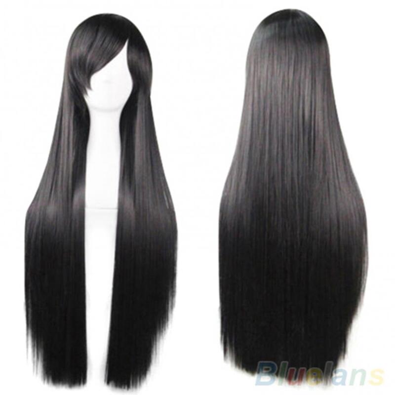 Длинный прямой парик для косплея 70 см, парики из синтетических волос для девочек и женщин, Длинные Косплей, косые челки, прямые полноразмерные парики для наращивания волос