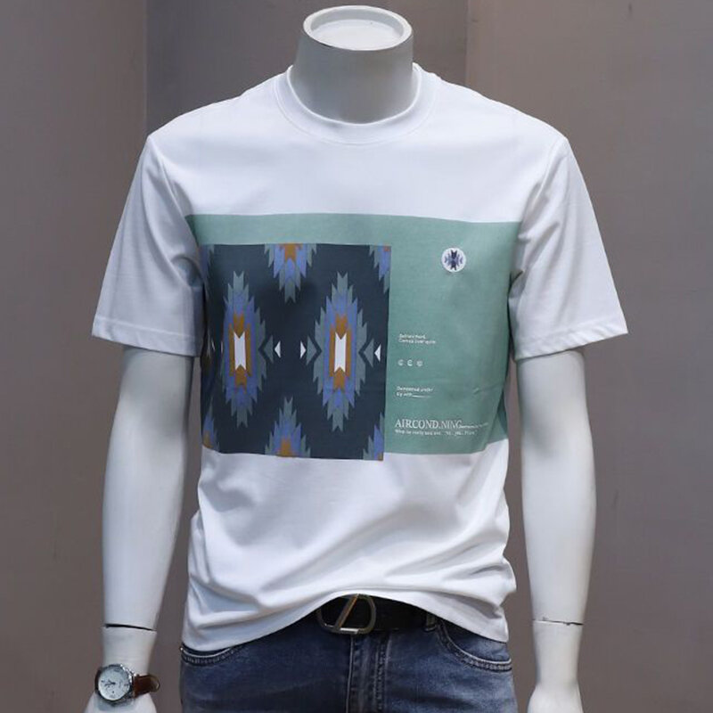 Модная универсальная Асимметричная футболка с принтом и круглым вырезом, Мужская одежда, Новинка Лето 2024, повседневные пуловеры, свободная Корейская футболка